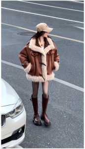 Winter Fancy Super Nice Suede Fur Integrated Motorcycle Cotton-Padded Jacket for Women Fleece-lined Thickened Lamb Plush Coat