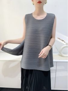 เสื้อยืดอัดพลีทของผู้หญิงเสื้อเสื้อยืดแบบหลวมลำลองแบบผ่าคอกลมแขนกุดใส่สบาย # S-892