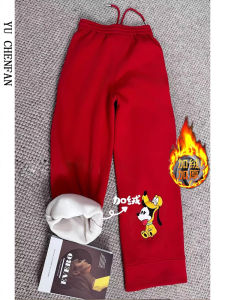 Winter Popular Cartoon Mickey Print Red Fleece Lined Wide Leg Casual Sweatpants Loose Fit Commuter Style Korean Version
