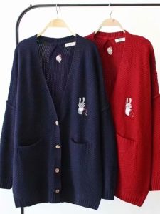 Cartoon Rabbit Embroidery Patch Pocket V-Neck Knitted Open Cardigan plus Size Womens Long Sleeve Sweater Jacket YY9568