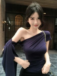 GUZILIAN | Retro Korean Style Womens T-Shirt Summer Pure Desire Design Sensation Sash Slim Fit Shoulder Bared Short Sleeve Top