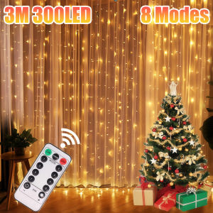 Christmas Curtain LED String Lights Garland Festival 8 Modes USB Remote Control Holiday Wedding Fairy Lights for Bedroom Decor