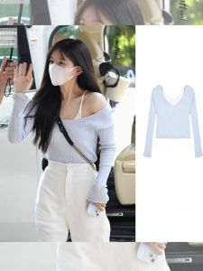 HUOLISI | Seductive Faux Two-Piece Knit Sweater Off-Shoulder Long Sleeve Blue
