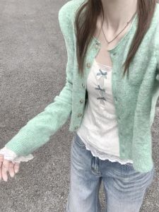 Áo Len Cardigan Dệt Kim Màu Xanh Lá Cây Thời Trang Phong Cách Hàn Quốc Mùa Đông 2025 Áo Khoác Ngoài Cổ Tròn Dài Tay Cho Nữ