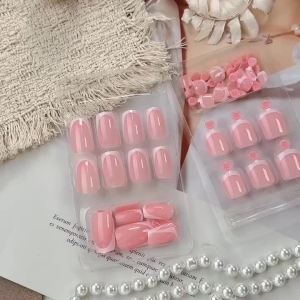 48/144Pcs French Tips Press On Fingernails+Toenails Short Square Fake Hand Foot Nails Kit White Edges French False Nail Foot Tip