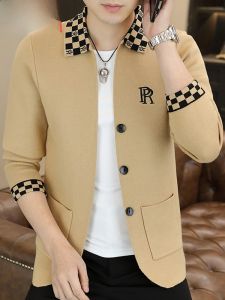 HENGYUANXIANG | Hengyuanxiang Mens Knitted Open Cardigan Collared Jacket Autumn Spring Plaid Sweater Casual Versatile Classic Style Polyester Blend