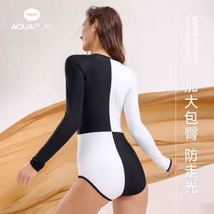 AquaPlay womens black and white checkerboard triangle one-piece swimsuit long sleeved quick drying slim fit rash guard beach vacation surfing suit