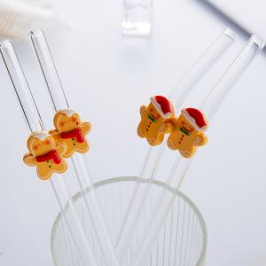 1/6PCS Christmas Gift Box Glass Straws.Gingerbread man designs. Curved reusable for cocktails & boba. Perfect holiday gift