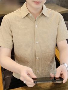 HENGYUANXIANG | Hengyuanxiang Mens Short Sleeve Bubble Shirt Pure Color Casual Thin Ice Silk Summer New Style Fashionable Polyester Fiber
