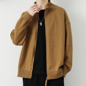 HENGYUANXIANG | Casual Knitted Cardigan Mens Spring Autumn Fashion Loose Fit Collared Sweater Outerwear Comfortable Soft Polyester Nylon Blend