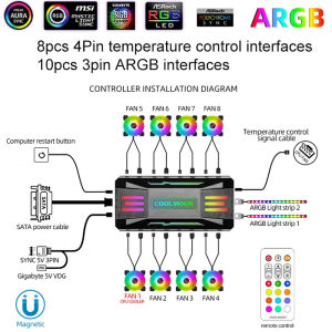 COOLMOON 1To8 5V 3Pin ARGB 4Pin Fan PWM HUB Music Rhythm Temperature Control for Aura Sync Computer PC Case Chassis Radiator