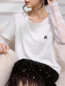 QINGNAER | Lace Fake Two-Piece Design Large Size Round Neck Long Sleeve T-Shirt