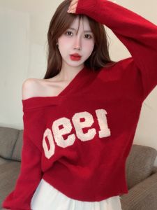GUZILIAN | Long Sleeve Womens Sweater Casual Loose V-Neck Knitwear Sweet Fashionable Korean Style Comfortable Slimming Top Autumn