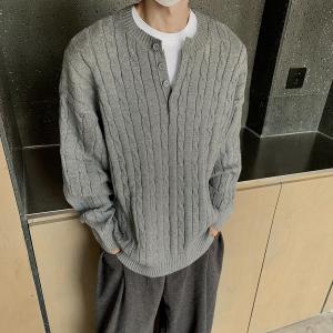 Cleanfit Mens Overhead Knitted Sweater Coat Heavy Weave Twist Korean Style Casual Winter Fashion Long Sleeve Henry Collar