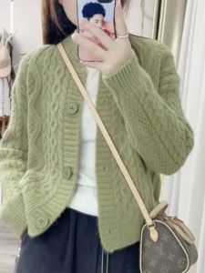 Spring Autumn Womens Knitted Long Sleeve round Neck Sweater Coat Short Style Twist Knitwear Casual Commute Korean Loose Fit