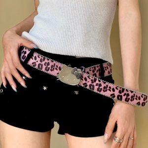 New Leopard Print Horse Hair Series Belt KT Cat Head Black Diamond Buckle Womens Y2K Jeans Skirt Accessory Versatile