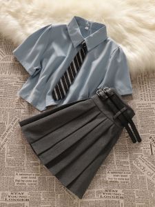 Childrens Preppy Style Suit Short Sleeve Shirt Top Student Childrens Clothing High Waist Pleated Skirt Two-piece Set Girl