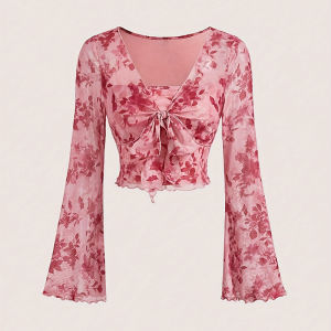 Summer Womens Y2k Floral Printed Sweet V-Neck T-shirts Mesh Beach Party Dress Top Flare Sleeve Square Collar Lace Up Shirt 2025