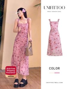 unifittoo | Floral Pink Strap Dress Stylish Waist-Slimming Long Dress