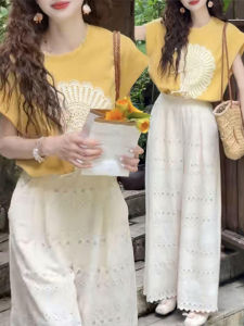 Shalldoer | Fashionable High Waist Wide Leg Pants And Shirt Set Womens Summer Hook Flower Splicing Small Flying Sleeve Two Piece Suit