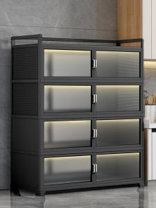 Aluminum Alloy Kitchen Storage Rack with Door Home Use Bowl Cabinet Multi-Function Kitchen Cabinet Organizer Floor Mounted