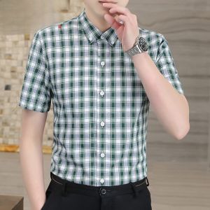 HENGYUANXIANG | Hengyuanxiang Summer Thin Short Sleeve Shirt Mens Advanced Sense Plaid Trend Slim Fit Ice Silk Iron Free Button Up Cotton Shirt