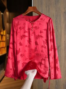 New Year Red Silk Shirt Chinese Style Long Sleeve  Silk Belted Button up Top Womens Fashion Retro Straight Cut Blouse