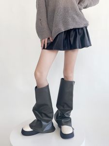 Black Leatherette Zipper Leggings Socks Wide Green Y2K Millennium Hot Pants Korean Style Ins Workwear Motorcycle Autumn Winter