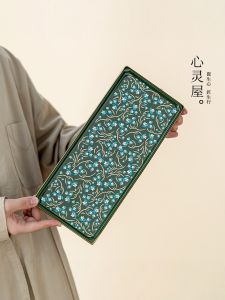Tray Trà Gốm Chữ Nhật Màu Xanh Lá Cây Vàng Hoa Cúc Trang Trí Nhà Bếp May Mắn Liên Tiếp Đĩa Đựng Bình Trà Phong Cách Trung Hoa Thủ Công