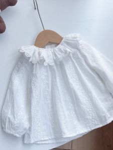 Áo Sơ Mi Công Chúa Tay Dài Bằng Cotton Nguyên Chất Cho Bé Gái Áo Sơ Mi Trắng Cổ Bẻ Viền Ren Mùa Xuân Hè Thu Cho Trẻ Em