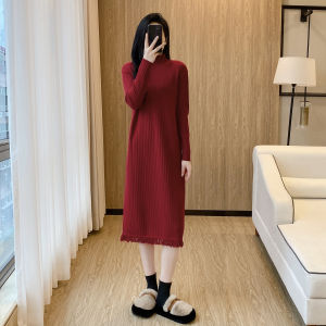 Elegant Knitted Midi Dress Womens Autumn Winter Straight Leg Knee-Length Sweater Dress Coat Inner Mid-Length Skirt