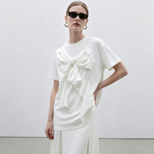 AMII | Round Neck Crinkled Texture Bow Drop Shoulder Short Sleeve Cotton T-Shirt