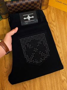 Black Slim Fit Jeans Mens Thick Winter New Style Color Fast High End Trendy Rhinestone Embellished Long Pants Youth Casual Cotton Polyester Blend
