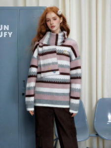 unifree | Color Stripe Embroidered Dog Retro Loose Warm Knitwear