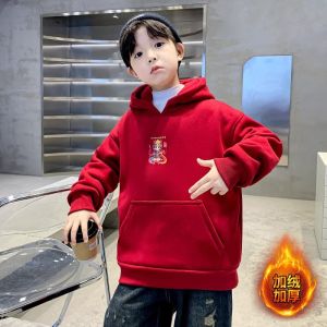Red Hooded Sweatshirt for Boys Thickened Fleece New Year Snake Year Clothing Childrens Winter Pajamas Suitable for All Ages