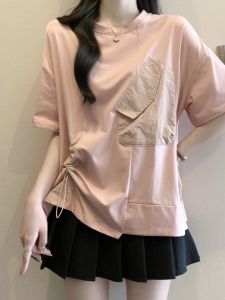 Large Size Short Sleeve T-Shirt for Summer Casual Work Clothing with Pocket and Cut Out Details Loose Fit Hide Fat Show Slim