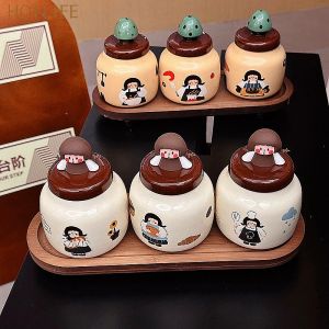 Korean Style Ceramic 4 Piece Set Of Spice Jars Spice Jar Set Jar With A Lid For Seasonings Food Storage Container Gift Box Packaging 3 Jars + 1 Tray + 3 Spoon