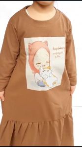 GAMIS ANAK PEREMPUAN PAKAIAN MUSLIM  UMUR 1-10 TAHUN KAKI KERUT PRINTING KUCING LOVE