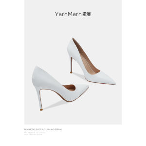 YARNMARN Genuine Leather White High Heels for Women Ultra-High Fine Heel Pointed Toe Work Clothing Style Flat Sole Rubber Tread