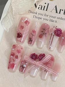 Handmade Watercolor Rose Vintage Wine Red Long Wearable Nail Art Cool Sweet Spicy Butterfly Knot 3D Stereo Beauty Nail