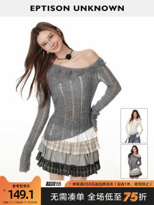 Eptison Womens Knitted Shoulder Bared Asymmetric Short Top Unique Design Hollow out Detail Sweet Style Slim Fit Long Sleeve