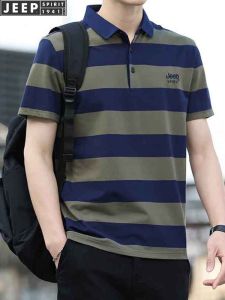 Jeep Spirit Mens Casual Polo Shirt Summer New Loose Striped Short Sleeve Turn-down Collar Business Leisure T-shirt