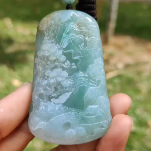 High Quality Light Green with Yellow Natural Type A Jadeite Jade crafted with sceneries as Pendant certificate weighs 78.02 grams measurement 66.1 * 40.5 * 13.3 mm (pendant280)
