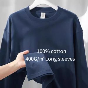 Heavy 400g Pure Cotton with Solid Color Long-sleeved T-shirt Mens American Xinjiang Cotton Loose Sweater Bottoming Shirt