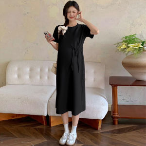 Váy Bầu Cua Mùa Hè 2025 Váy Dài Tay Ngắn Dáng Chữ a Cạp Cao Ôm Sát Cơ Thể Bằng Polyester Màu Trơn Dài Vừa Phải