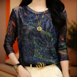 New Arrival Fashionable Stylish High-Grade Mesh Long Sleeves Base T-shirt Printing Elegant Small Shirt Long Sleeves Figure Flattering round-Neck Blouse