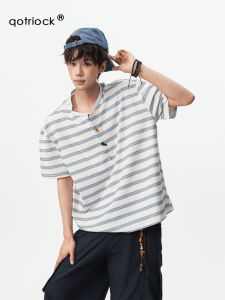 QOTRIOCK | American Style Horn Button Henley Collar Striped T-Shirt