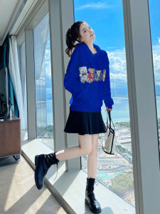 เสื้อสเวตเตอร์มีฮู้ดสีน้ำเงินคลีน แฟชั่นฤดูใบไม้ร่วง สำหรับผู้หญิง ไซส์เล็ก เสื้อสเวตเตอร์คอตตอน ทรงหลวม แขนยาว ปกติ