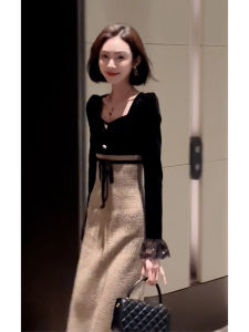 Elegant French Style Velvet Dress for Rich Young Lady Engagement Party Commute Fashion High Waist A-Line Long Skirt
