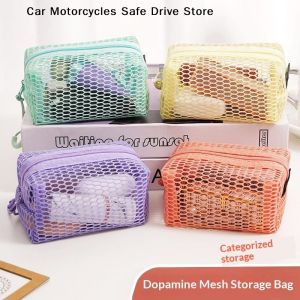 【M】Portable Honeycomb Mesh Cosmetic Storage Bag With Zipper Breathable Design For Travel School Office Daily Use
